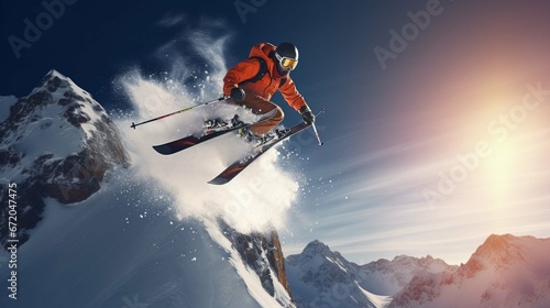 skier jumping in the snow mountains on the slope with his ski and professional equipment 