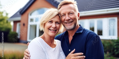 Happy mature couple bought their new home and standing in front of it and showing keys. Real estate owners. Senior married couple posing in front of their new family house. Looking at : Generative AI