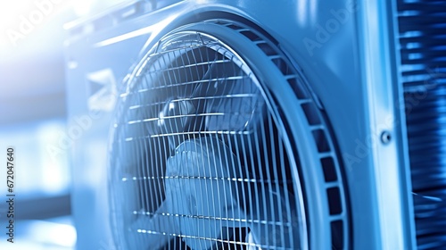 Wallpaper Mural Air conditioning fragment. Fan behind metal mesh. Close-up of air conditioner unit. Equipment for re-circulation. Ventilation technologies. Air conditioner on blue. Climatic equipment : Generative AI Torontodigital.ca