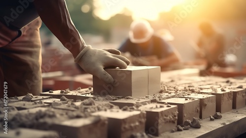 Bricklayer laying brick on cement mix on construction site close-up. Reduce the housing crisis by building more affordable houses concept : Generative AI photo