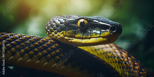 close up of a snake ,Cobra ,Ambush ,A snake with a blue head sits on a rock ,Boa with generative ai