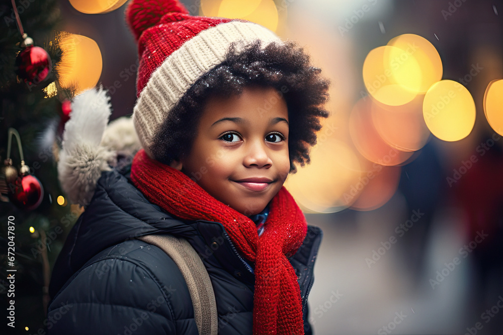Cute african american boy in red scarf and red santa hat on festive Christmas street Cute african american boy in red scarf and red santa hat on festive Christmas street