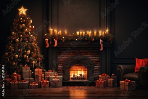 Christmas living room interior design  magic glowing xmas tree  fireplace  gifts background with copy space.