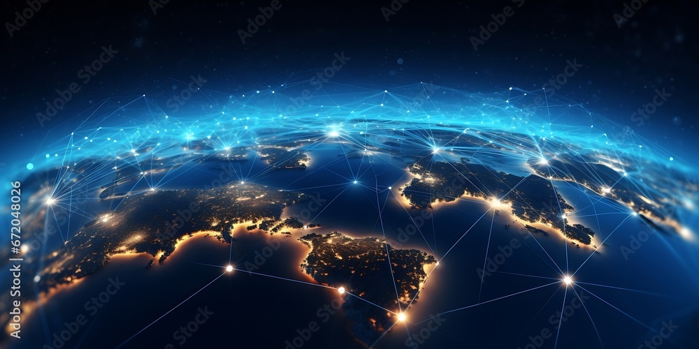 Communication technology with global internet network connected in Europe. Telecommunication and data transfer european connection links. IoT, finance, business, blockchain, security. : Generative AI