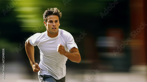 Man jogging alone at high speed with motion blur effect.