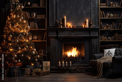 Christmas living room interior design, magic glowing xmas tree, fireplace, gifts background with copy space.