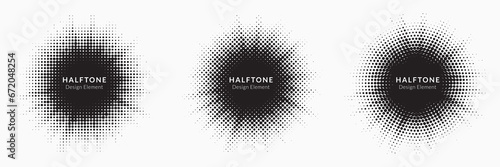 Halftone circle frame background set. Round border Icon using halftone random circle. Burst Halftone light effect. Glowing light burst. abstract grunge halftone dots background. Vector illustration.	