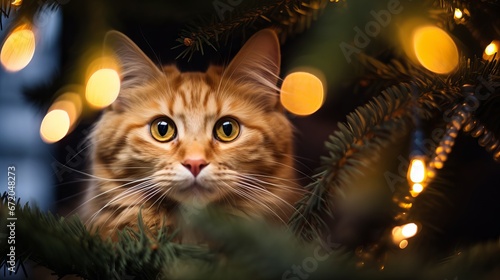 Playful cat enjoying the festive spirit in a Christmas tree - whimsical holiday scene with a curious feline companion