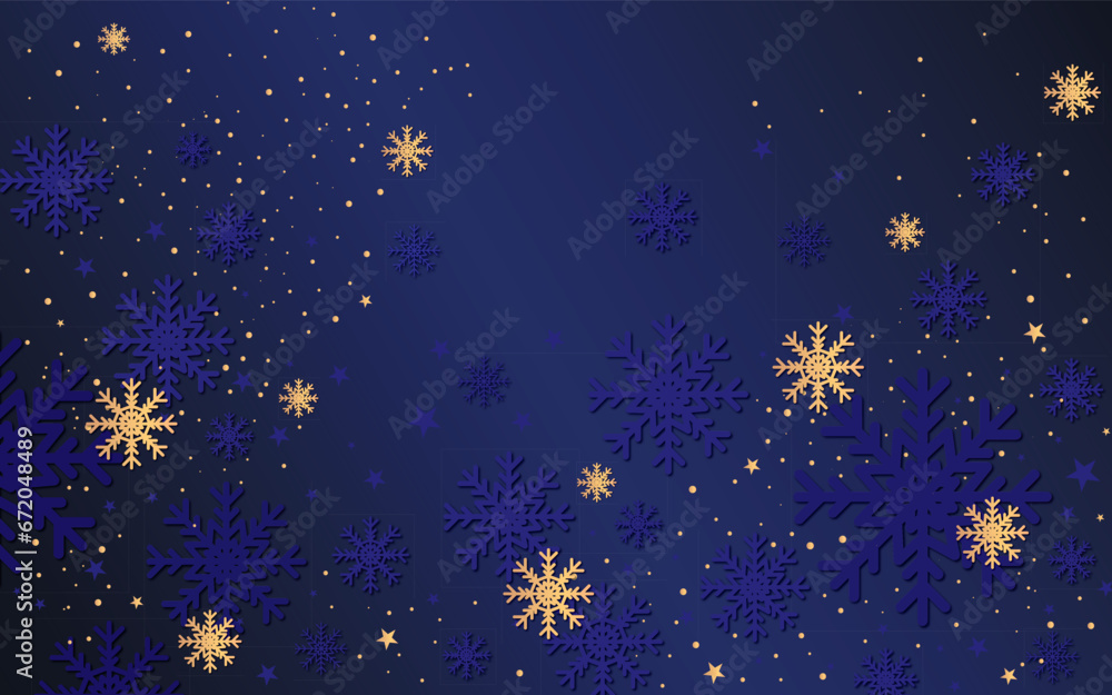 Abstract dark blue winter background with golden snowflakes and stars.	
