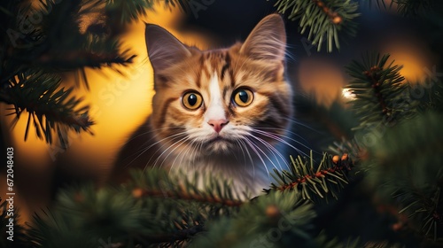 Festive feline delight: playful cat frolicking in a Christmas tree scene, holiday joy and pet companionship concept