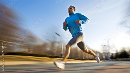 Man in motion, running fast alone.