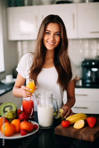 Athletic positive young woman making vegetable and fruit smoothie in the kitchen.
