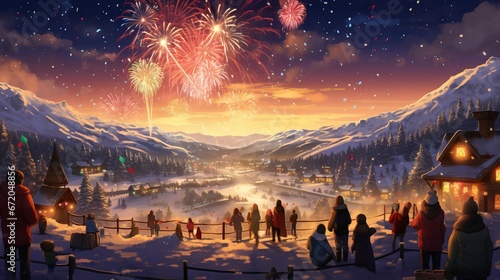 Cozy Christmas in the countryside: bonfire, fireworks, and family fun, illustration in warm hues