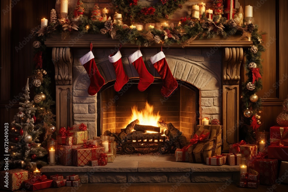 A festive fireplace surrounded by stockings, candles, and ornaments in christmas decoration background 