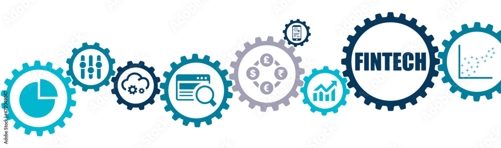 Fintech banner vector illustration with the icons of business intelligence, chart, cloud computing, blockchain, payments, investment, currency, finance, money, communication on white background.