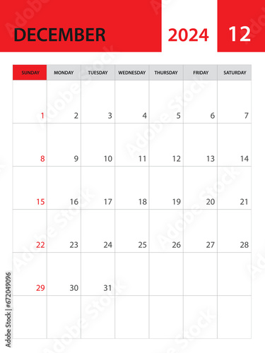 December 2024 template, Calendar 2024 template vector, planner monthly design, desk calendar 2024, wall calendar design, minimal style, advertisement, poster, red printing media, simple vector
