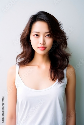 Young glamor model of Asian appearance on a white background.