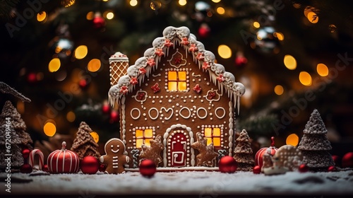 A festive gingerbread house with colorful candies and icing on a blur lighting background © Ameer