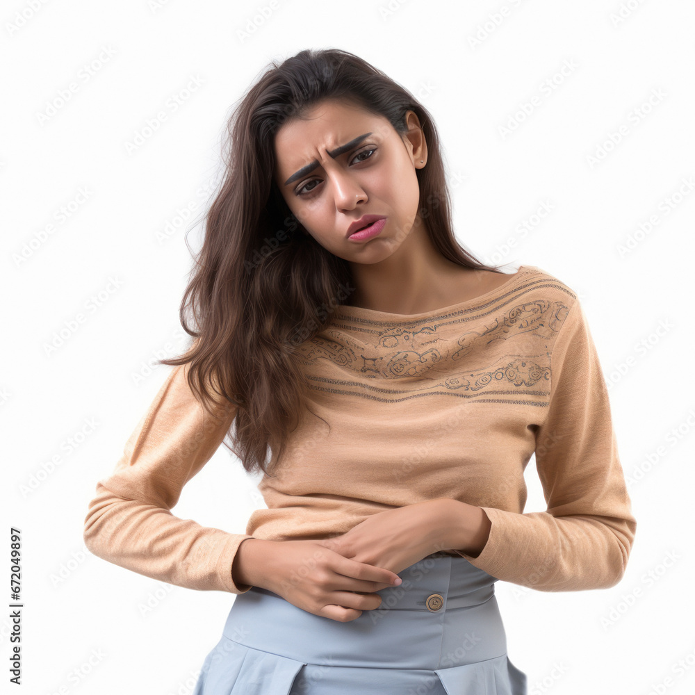Young Indian woman suffering from stomach pain Young Indian woman suffering from stomach pain