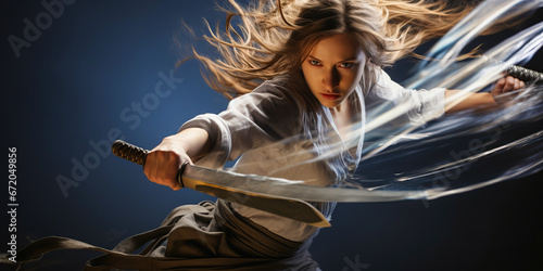 Woman in sword fight, active stance, weapon's edge clearly visible. photo