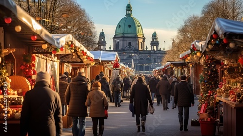 Colorful and joyful Christmas market in a bustling town square, artwork, mixed media collage