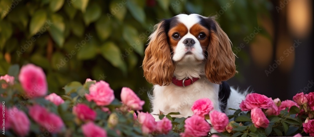 During the summer a charming Cavalier King Charles Spaniel dog with three colors can be found sitting by a flourishing pink rose bush while being photographed outdoors During the summer a charming Cavalier King Charles Spaniel dog with three colors can be found sitting by a flourishing pink rose bush while being photographed outdoors