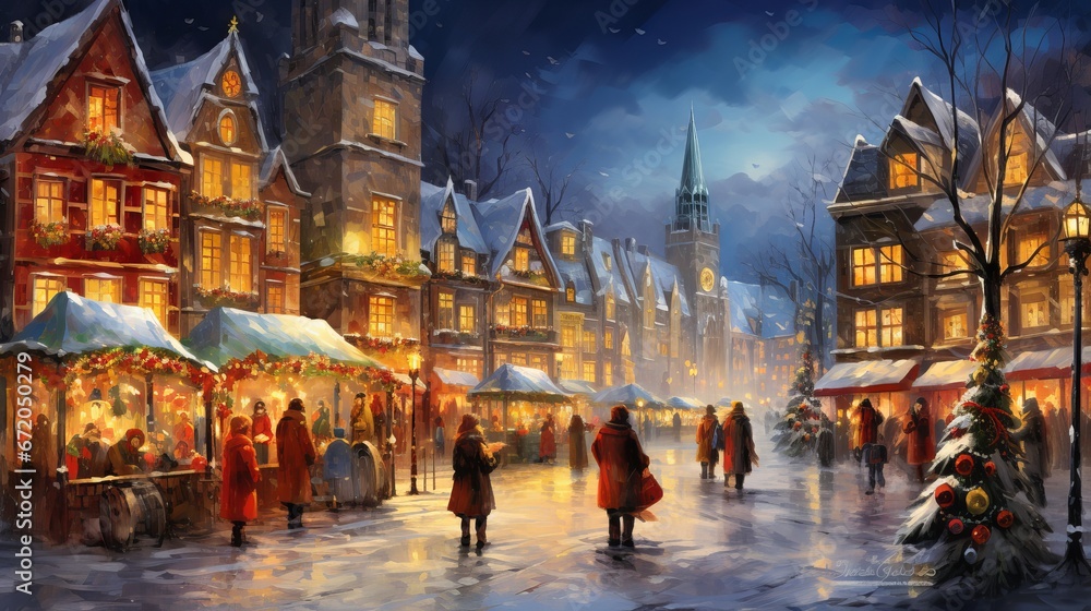 Mixed media collage of a lively Christmas market in a bustling town square with colorful lights and festive stalls