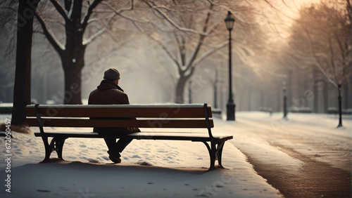 Foto A lonely man sitting on a bench in winter.