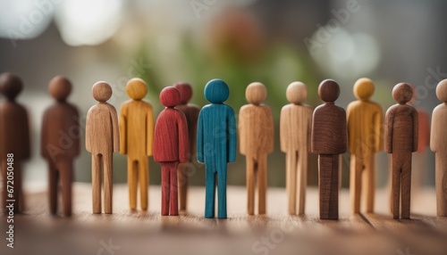 This photo shows a line of colorful wooden figurines on a wooden table, showing diversity and inclusion. 