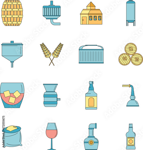 Whisky bottle glass icons set. Outline illustration of 16 whisky bottle glass vector icons thin line color flat on white photo