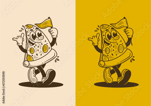 Mascot character illustration of walking pizza, holding a flag