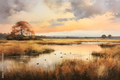 watercolour painting of the marsh landscape, a picturesque wetland environment in soft natural harmonious colours photo