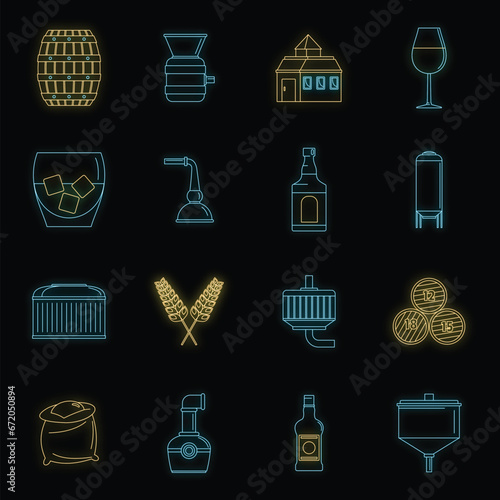 Whisky bottle glass icons set. Outline illustration of 16 whisky bottle glass vector icons neon color on black