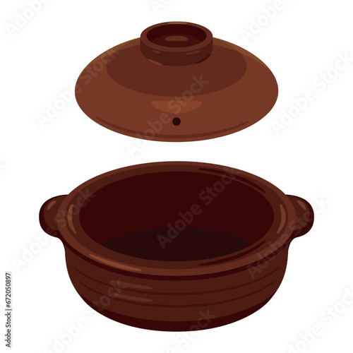 蓋が開いた茶色の土鍋