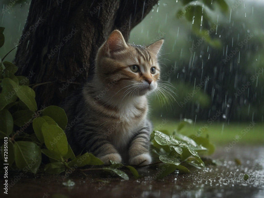 A cat under the tree in the rain