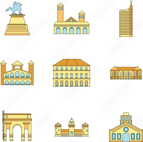 Milan Italy city skyline icons set. Outline illustration of 9 Milan Italy city skyline vector icons thin line color flat on white