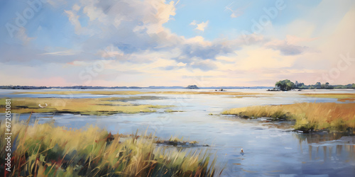 watercolour painting of the marsh landscape, a picturesque wetland environment in soft natural harmonious colours