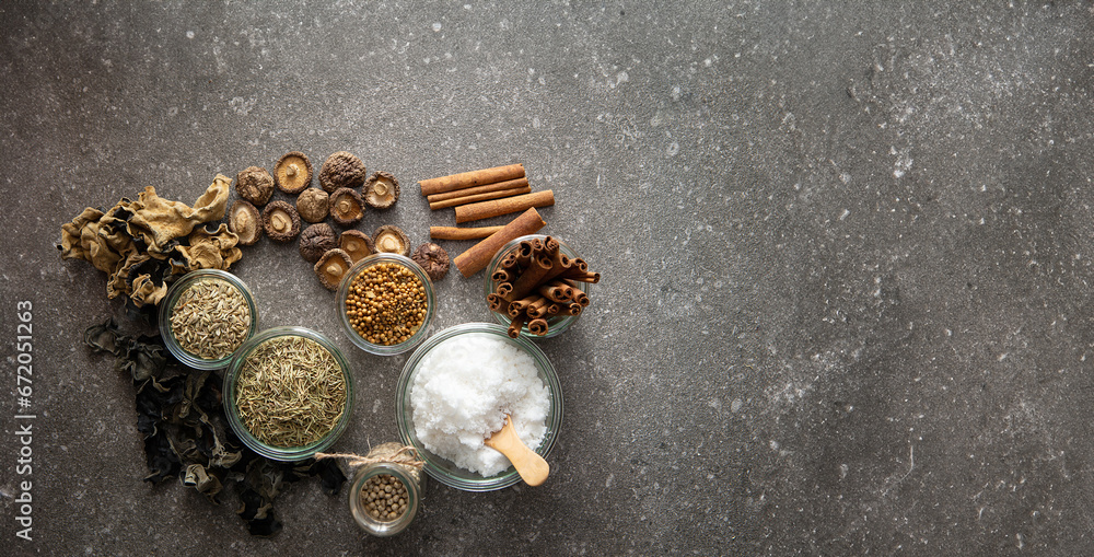 Various spices, dried mushrooms, salt and pepper Various spices, dried mushrooms, salt and pepper