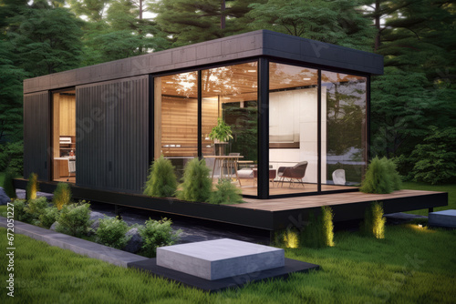  The outer appearance of a tiny container house, with grass lawn