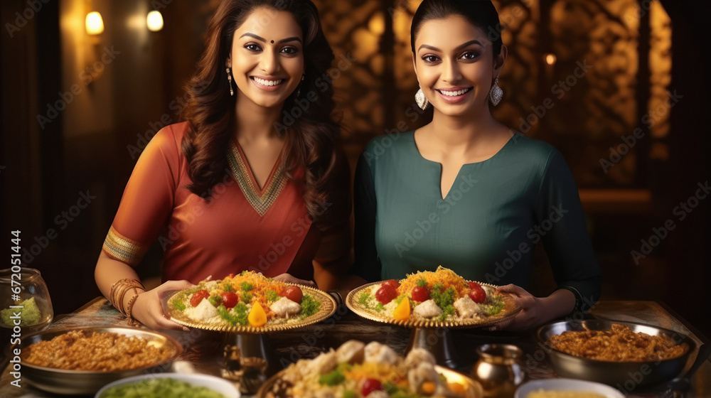 two young indian women enjoying dinner at restaurant