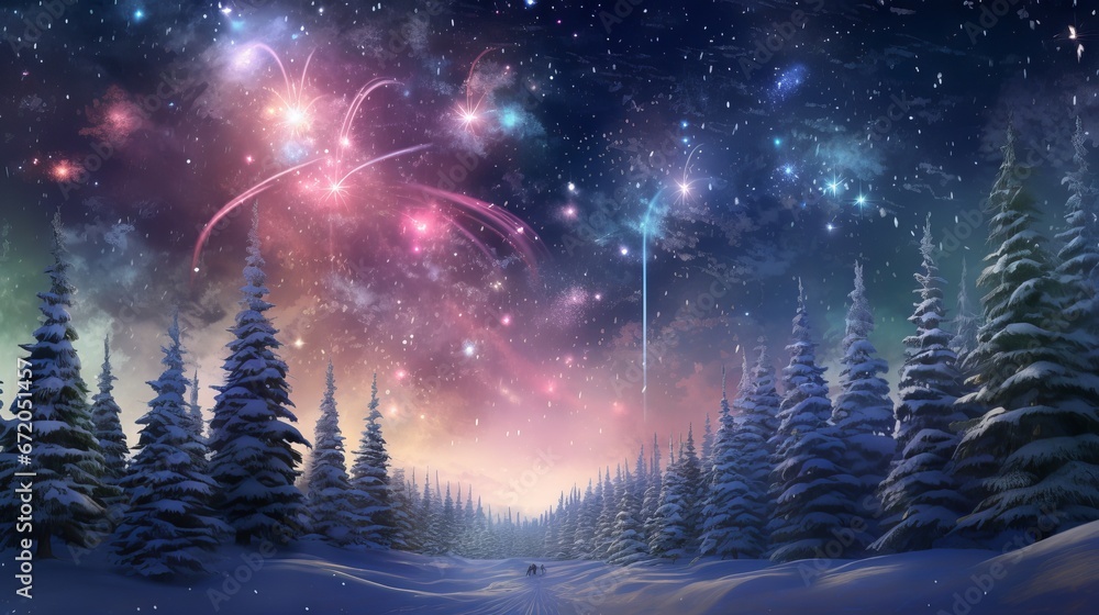 Christmas night in a magical winter forest with colorful fireworks and snowflakes, 3d rendering