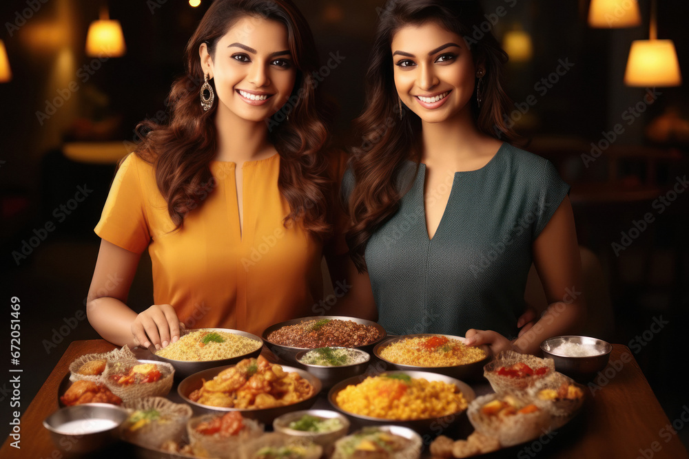 two young indian women enjoying dinner at restaurant