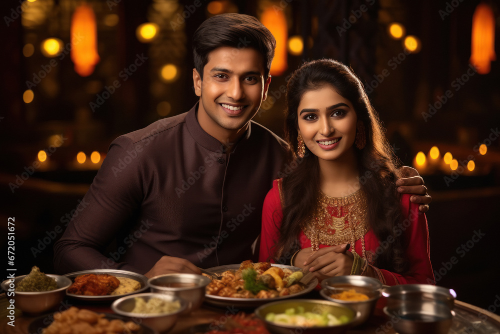 young indian couple enjoying dinner together at restaurant
