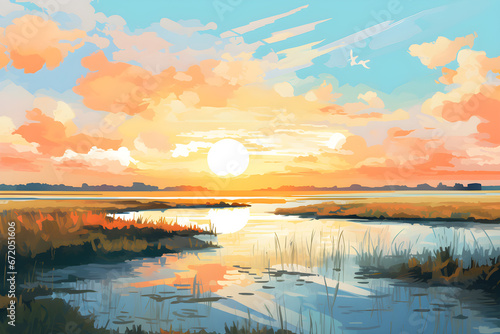 simple colourful painting of the marsh landscape, a cute picturesque wetland environment in bright colours
