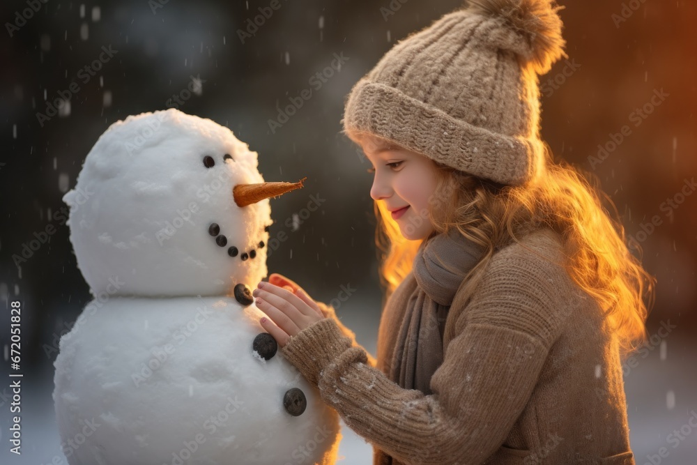 Little girl kisses and hugs a christmas snowman of winter. Happy child girl plaing with a snowman on a snowy winter walk. - obrazy, fototapety, plakaty 