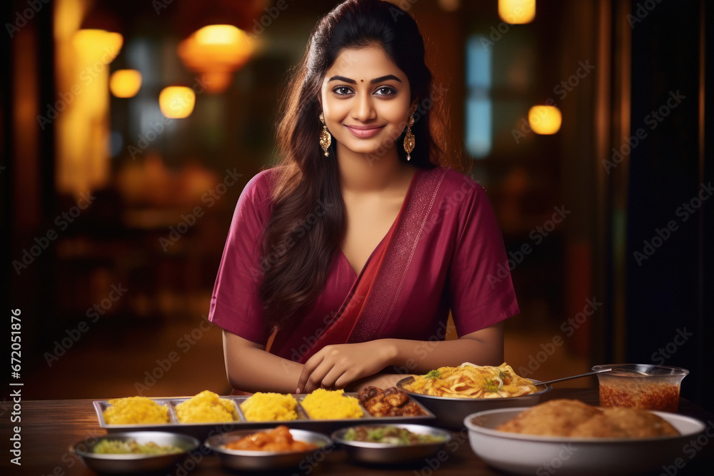 young indian woman eating dinner at restaurant - obrazy, fototapety, plakaty 