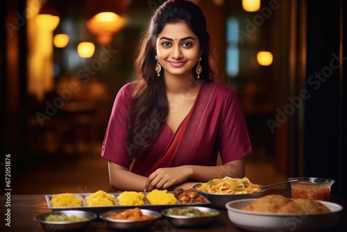 young indian woman eating dinner at restaurant