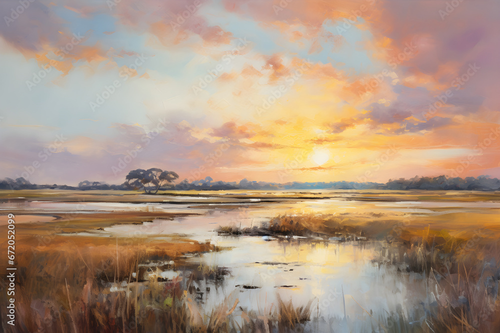 impressionist painting of the marsh landscape, a picturesque wetland environment in natural harmonious colours