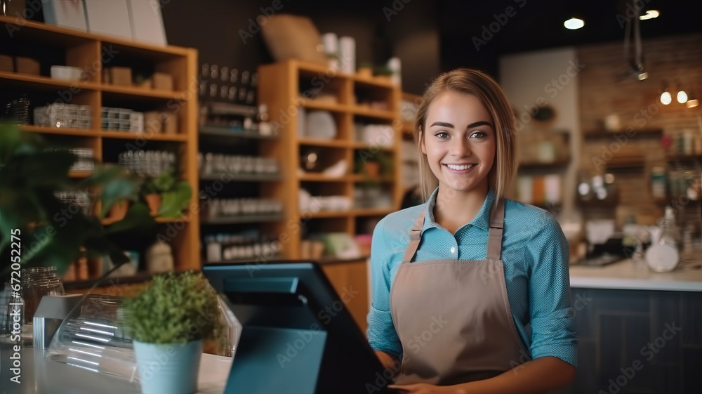 Smiling female cashier accepting payments.,generative ai