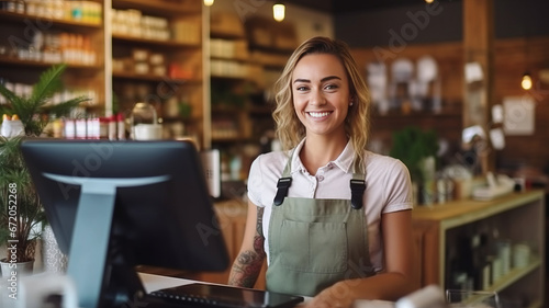 Smiling female cashier accepting payments.,generative ai